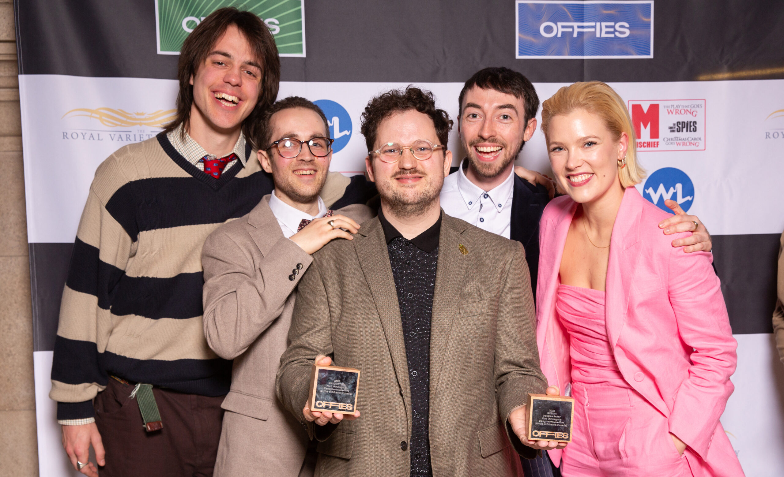 The cast of 'Slaughterhouse-Five' with their Offie Awards at the Off West End Awards 2025